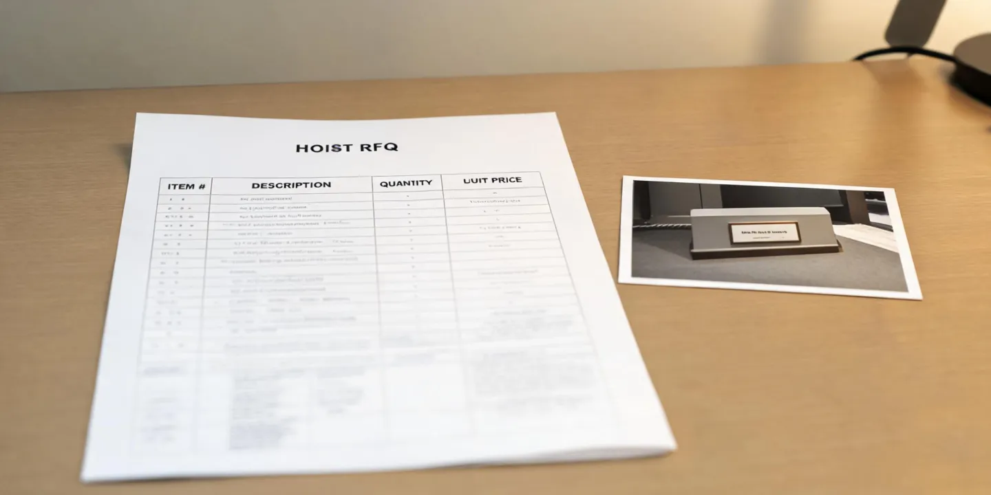 Still of a sourcing worksheet beside a hoist nameplate photo