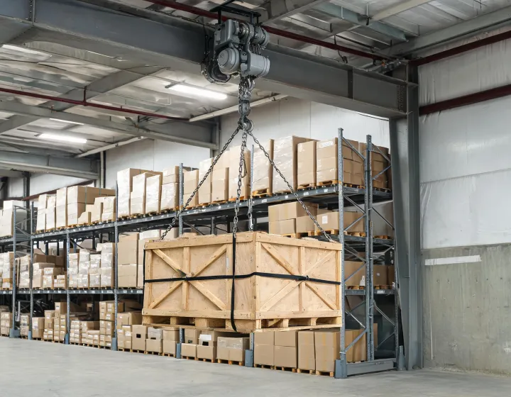 Electric chain hoist on a plant beam lifting a crate