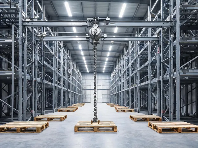 Warehouse bay with an overhead chain hoist