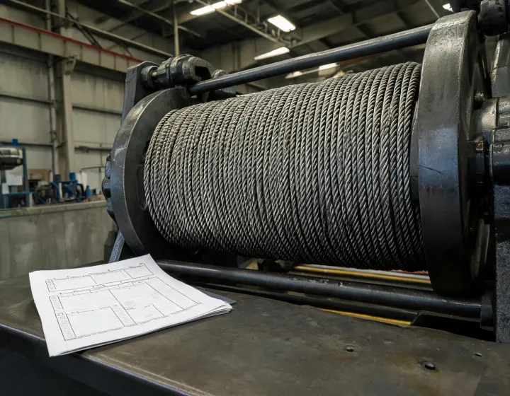 RFQ checklist sheet next to a wire rope hoist drum